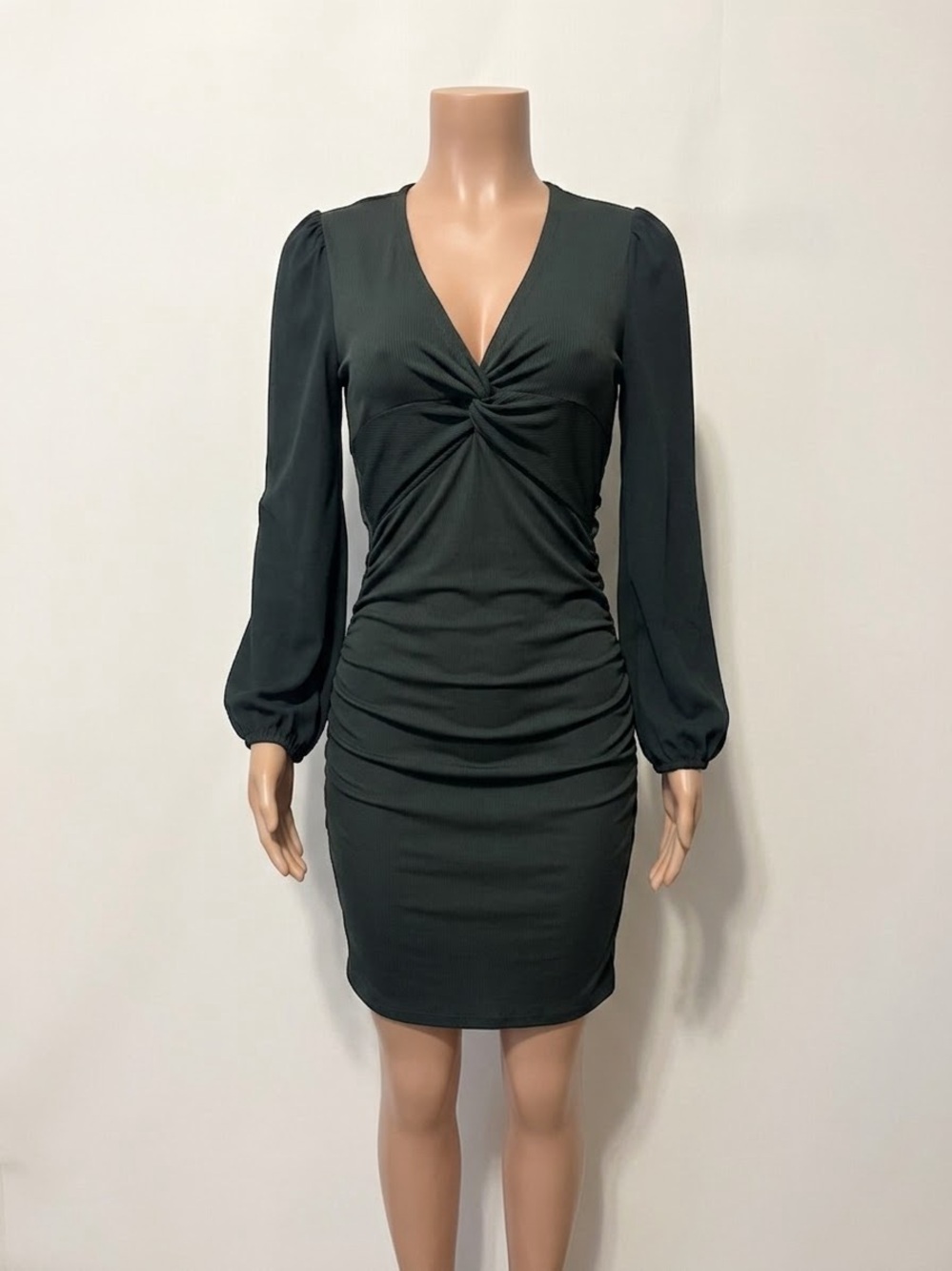 SHEIN Dark Green Long Sleeve Twist Ruched Bodycon Dress